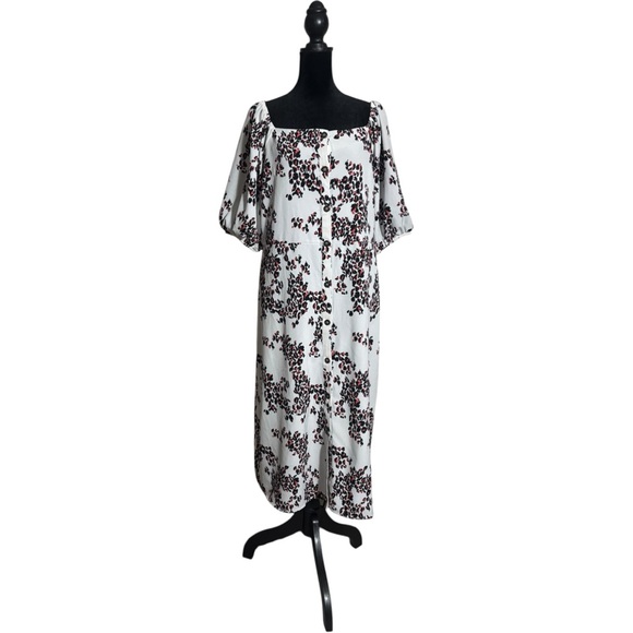 Ophelia Roe Lightweight Balloon Sleeve Chic Floral Black/White/Red Midi Dress - Picture 1 of 16